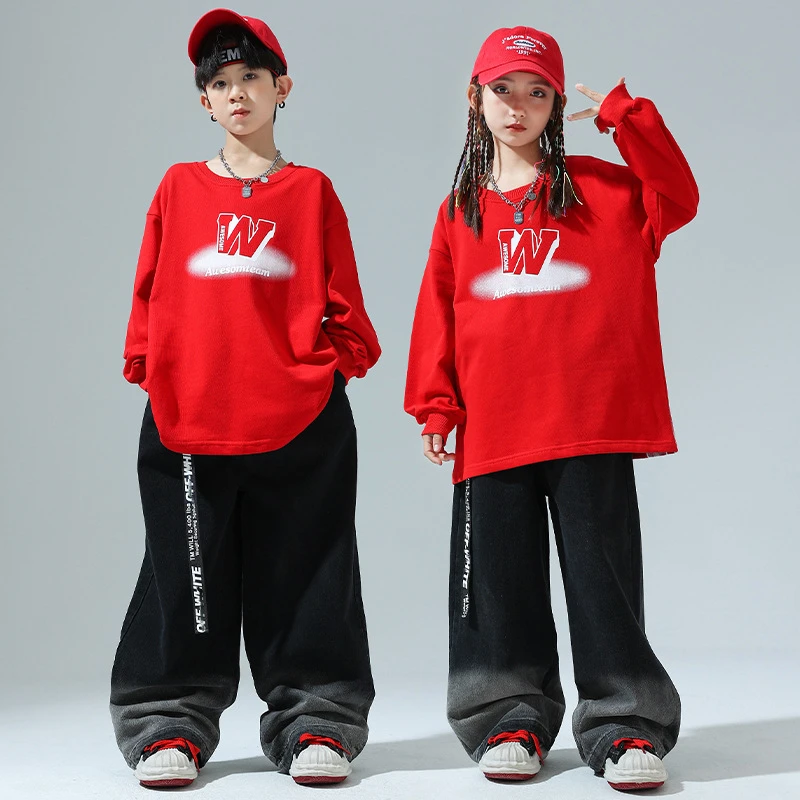 Kids Hip Hop Clothes Suit Boys Jazz Street Dance Costumes Kids Long Sleeve T Shirt Denim Pants Sets Ballroom Dancewear Clothing