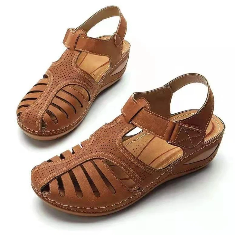 Sandalias de cuña ortopédicas de Punta abierta para mujer, zapatos Retro de plataforma informales de cuero, antideslizantes, Estilo Vintage, de