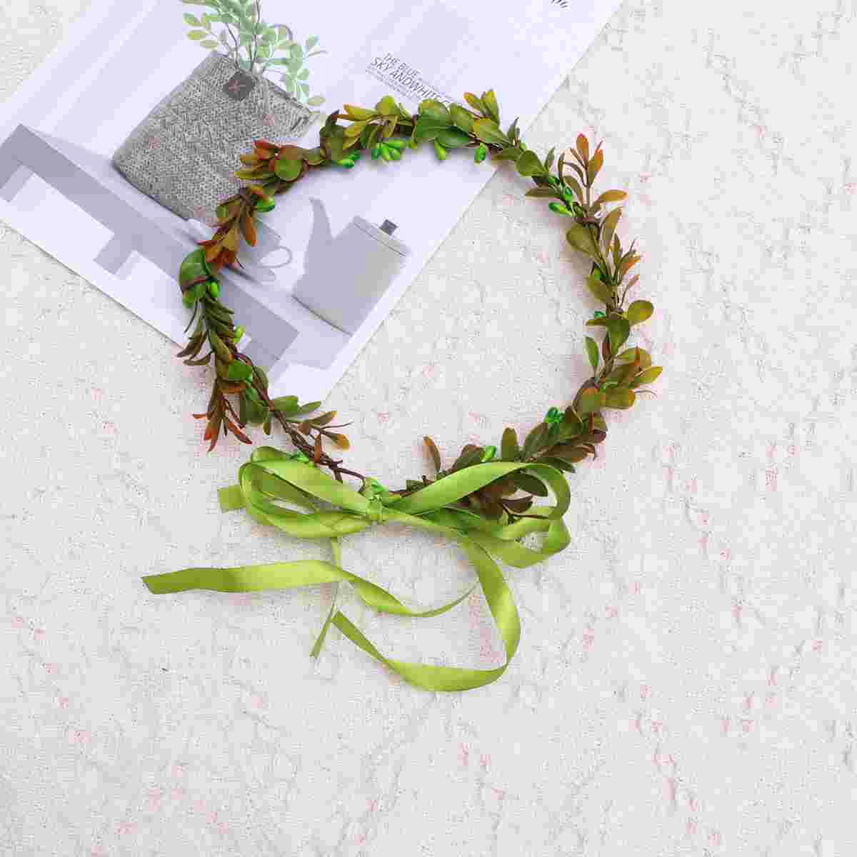 

2pcs Artificial Leaves Wreath Exquisite Hair Band Plant Hair for Woman Girl Bride (Coffee and Green)