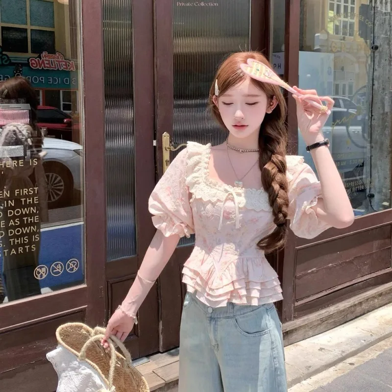 Summer Sweet Y2k Slim Blouse Short Sleeve Shirt Bow Embroidery Lace Pink Floral Print All-match Tops Ruffles Harajuku Kawaii Top
