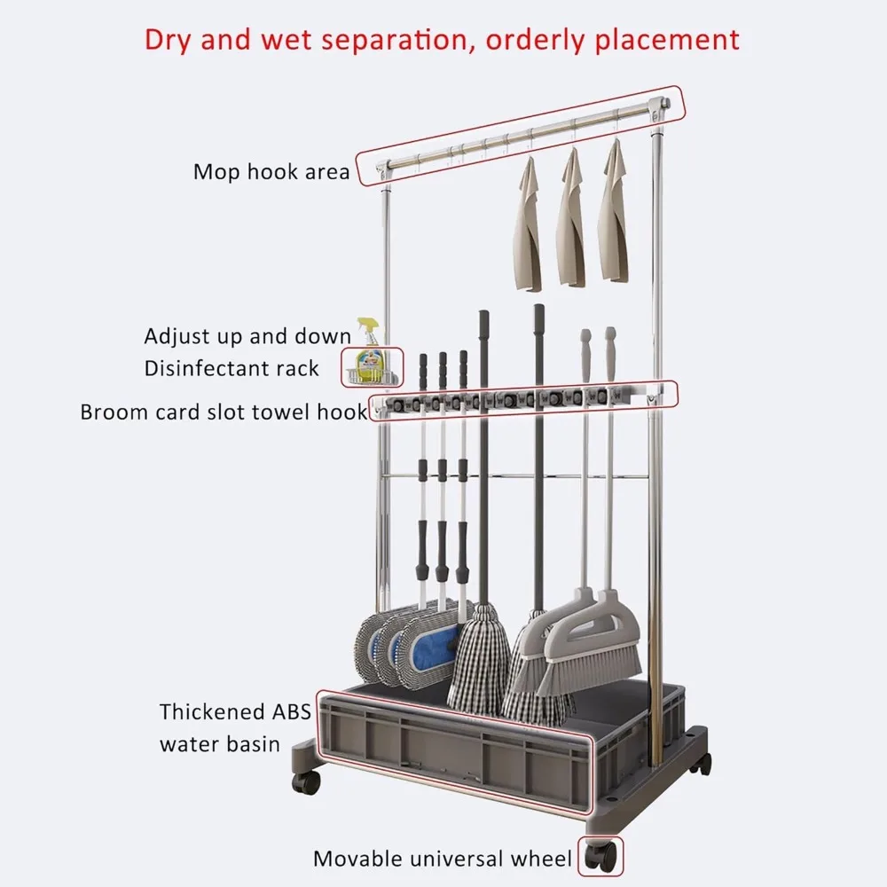 ที่วางไม้กวาดและไม้ถูพื้นแบบพกพา, รถเข็นเก็บอุปกรณ์ทำความสะอาดพื้น, อุปกรณ์จัดเก็บอุปกรณ์ทำความสะอาดบ้านและสวน