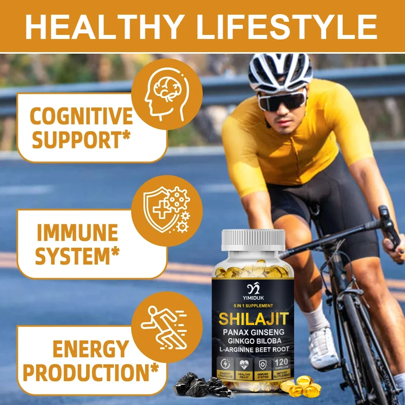 Yimiduk Pure Vegan Shilajit Capsules with Ginseng & 55% Fulvic Acid For Immunity Men Energy Supplement Physical Performance