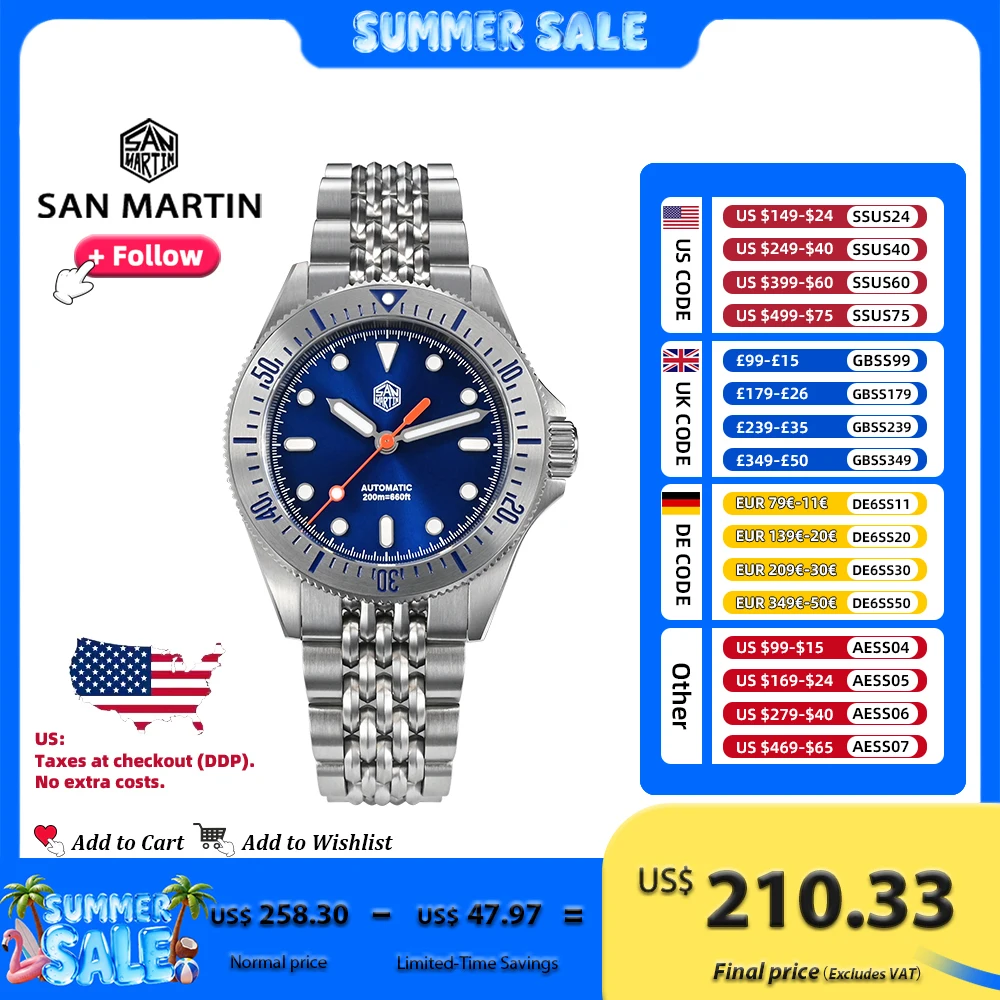 San Martin 38.8mm Sport Diver Watch NH35 Automatic Mechanical Stainless Steel Sapphire Glass Luminous 20Bar Men Watches SN0044