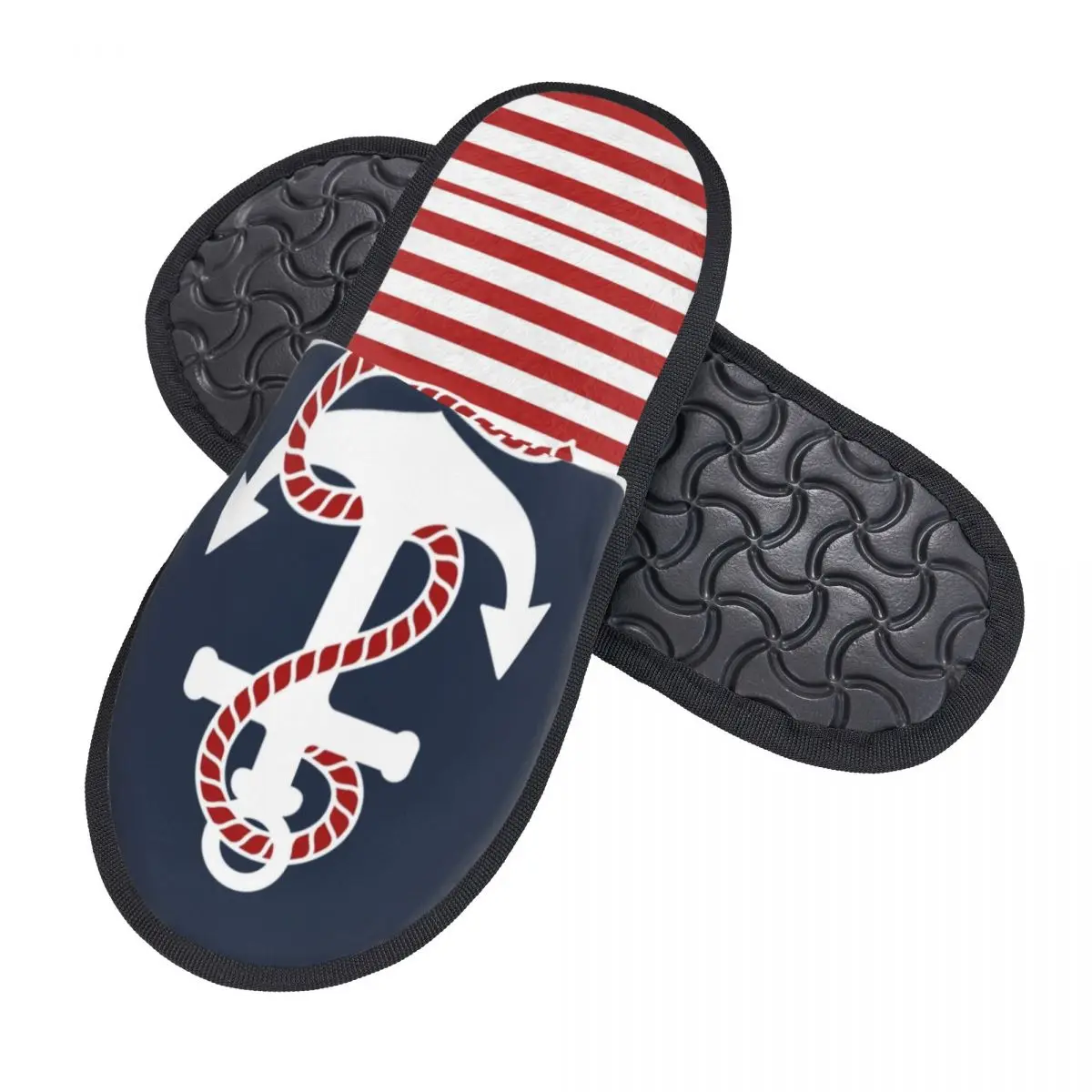 Nautical Stripes And Red Anchor Guest Slippers for Hotel Women Custom Print Sailing Sailor House Slipper