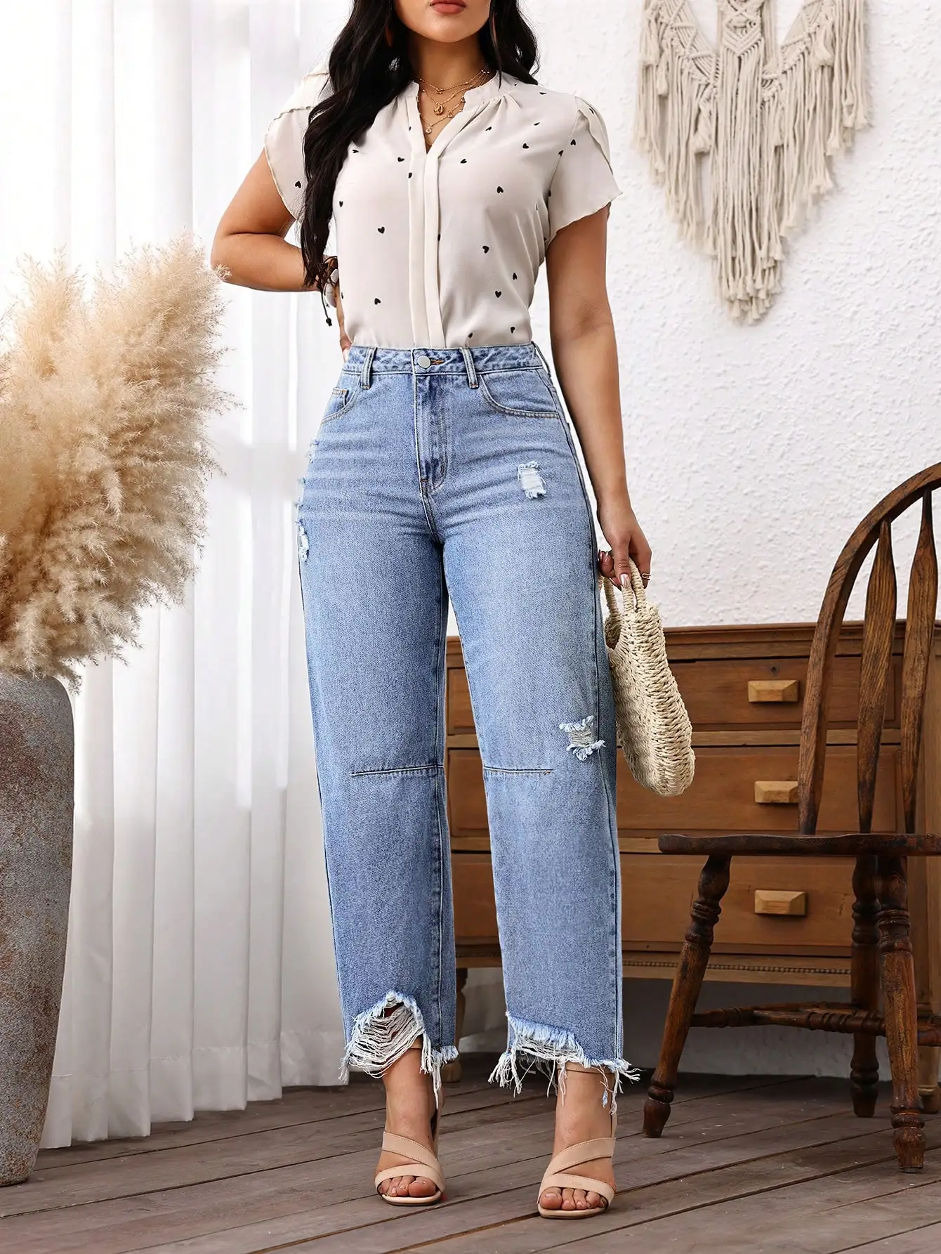 

Женские джинсы с высокой талией, рваные, с потертостями, свободного кроя, для повседневной носки