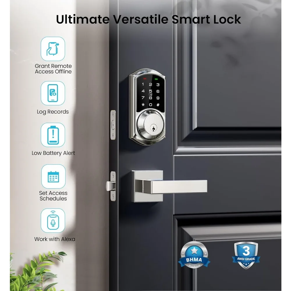 Veise RZ07C and VE06-L Smart Door Locks for Front Door with Handle, Satin Nickel