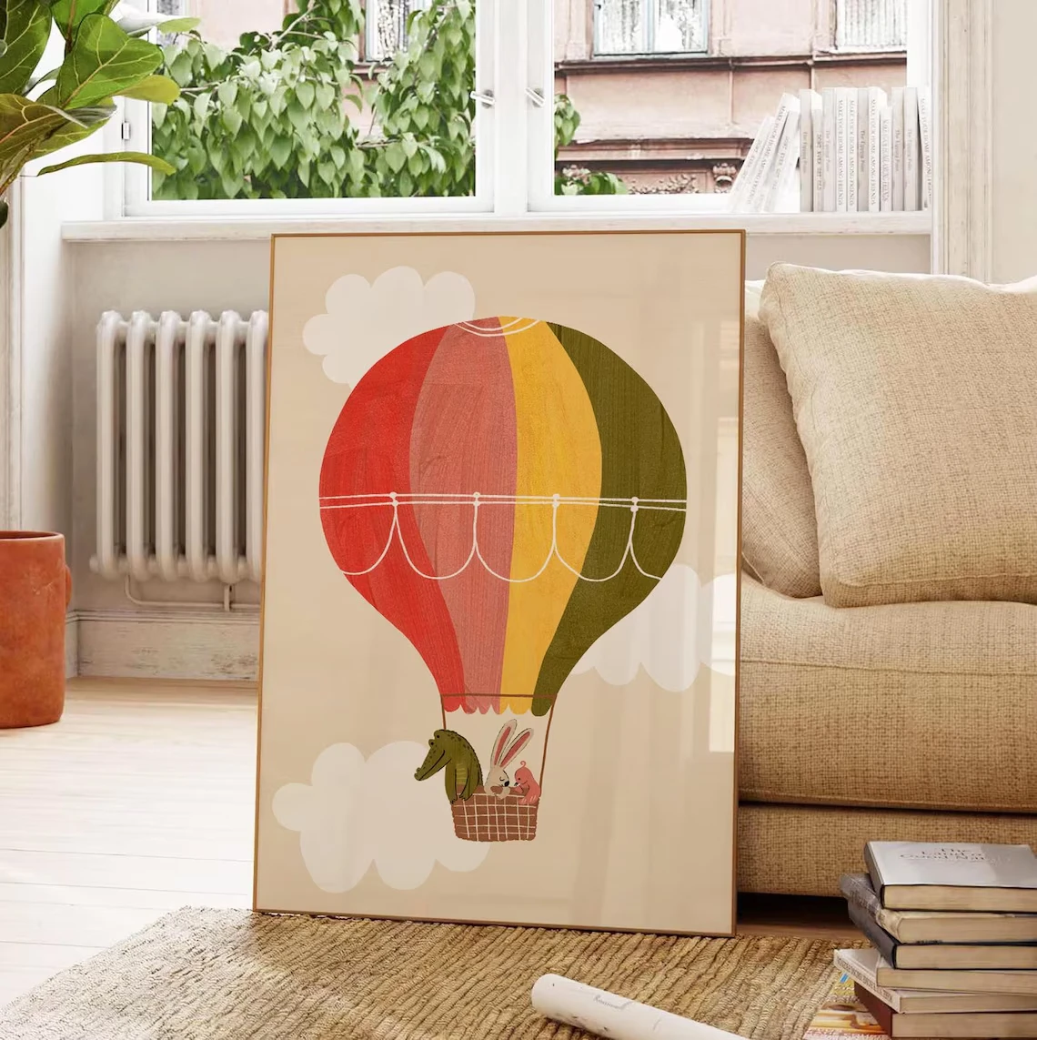 1pc frameless Canvas Painting Hot Air Balloon Nursery Wall Art Print Poster Cartoon Crocodile Rabbit & Bird Animal Canvas Pictur