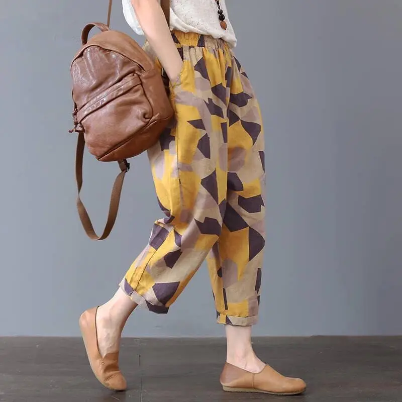 New Women's Cotton Printed Casual Pants Thin Summer High Waist Nine Points Fashionable Trousers for Mom Comfortable Fit