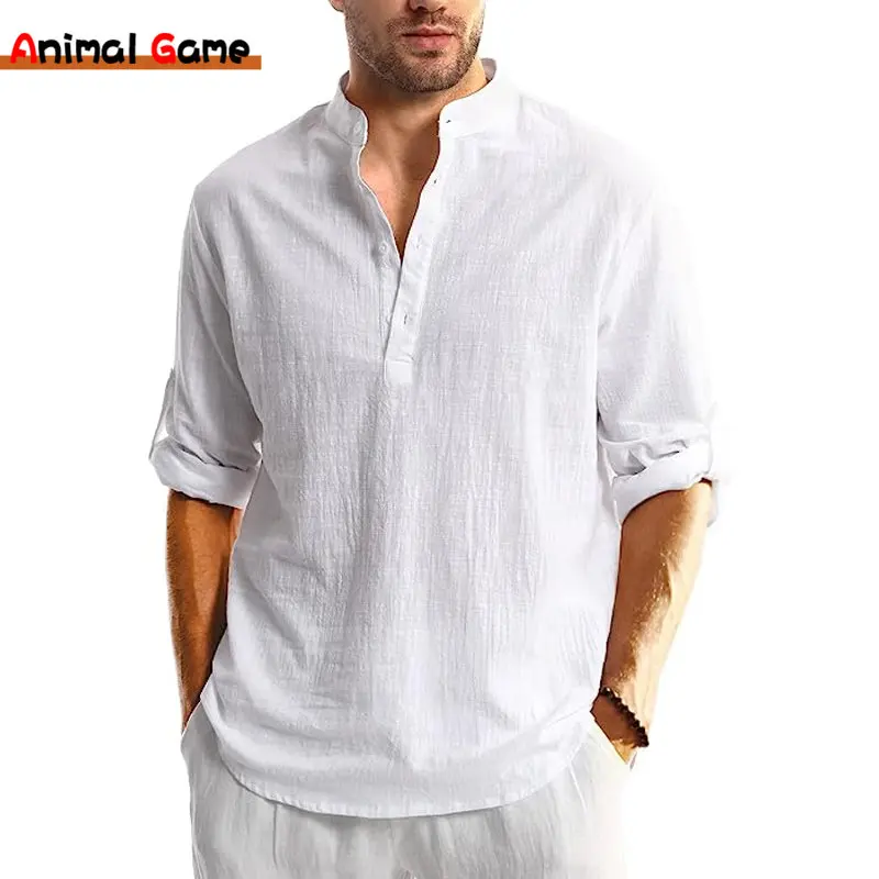 Men\'s Linen Button Down Shirt Long Sleeve Casual Button Up Beach Summer Shirts Banded Collar