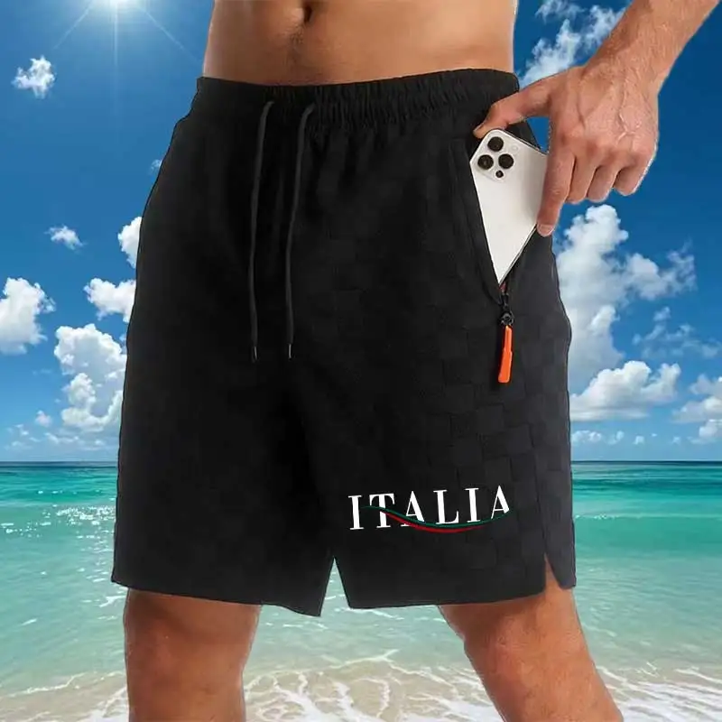 

Summer Men's Italian Style Casual Shorts ITALIA Print Drawstring Waist Streetwear Bottoms with Secure Zipper Pocket
