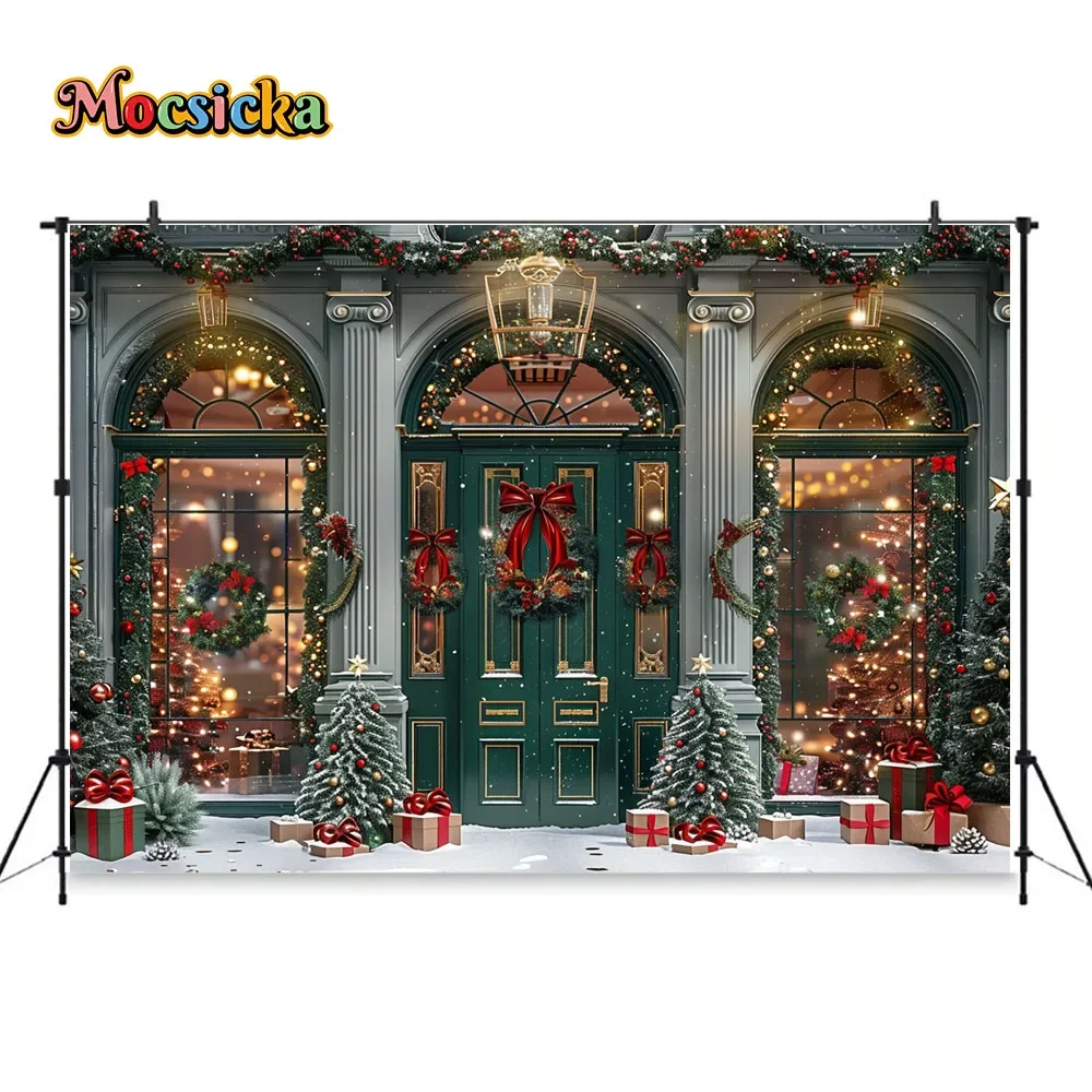 Retro Green Christmas Gift Store Photography Background Xmas Tree Window Arch Door Backdrop Kids Snowy Shop Front Photobooth