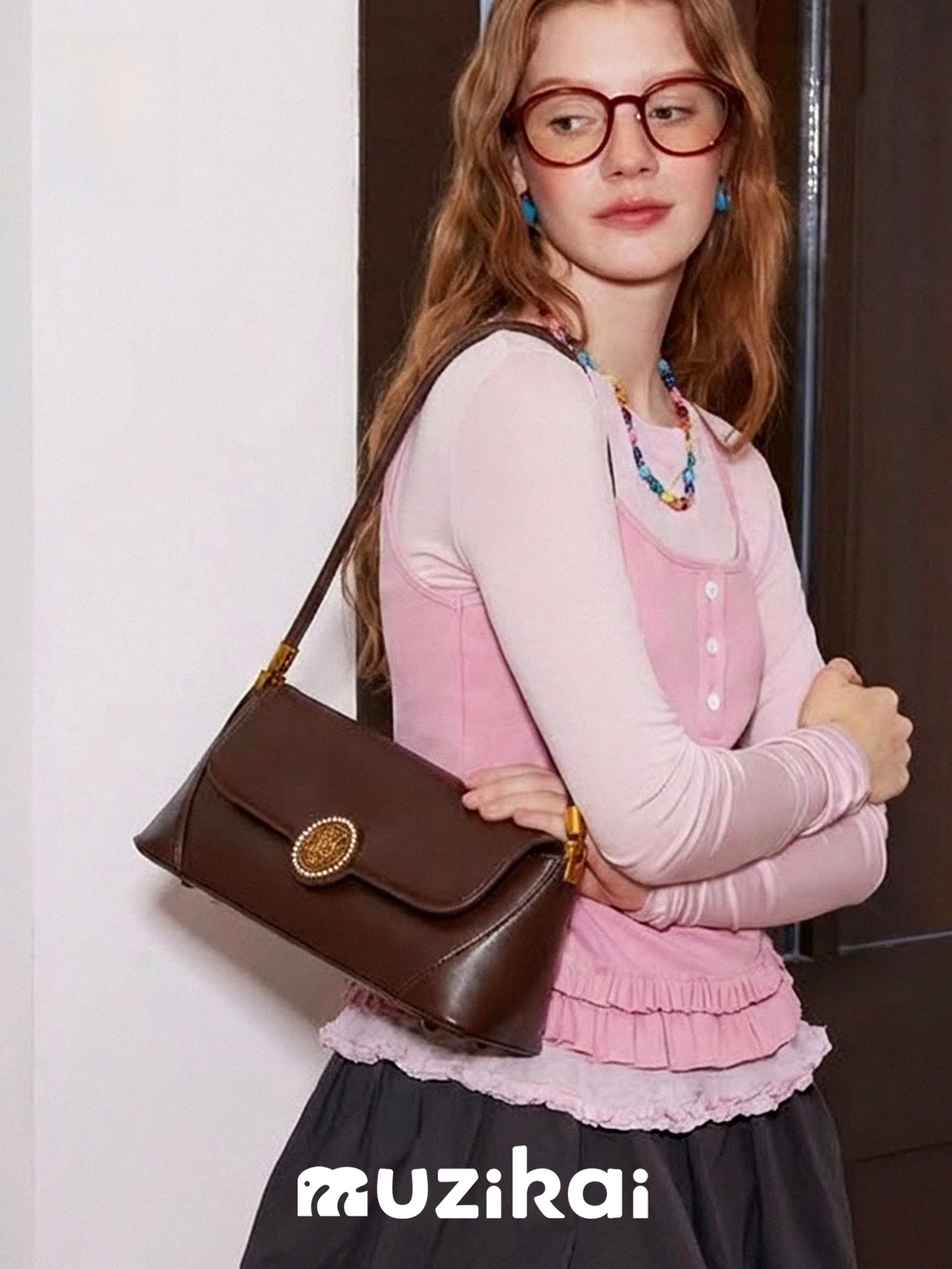 MuziKai Women's Retro Underarm Bag Breadstick Shaped Shoulder Bag Fashionable Versatile Commuting Bag PU Leather Pure Color