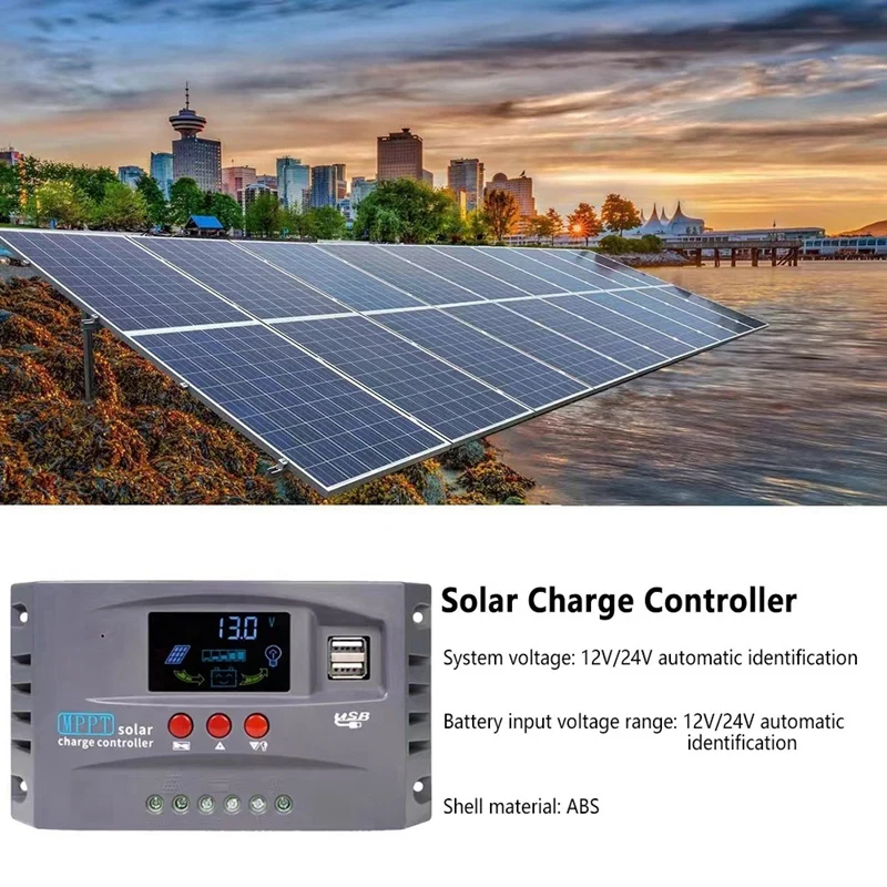 Controlador de carga Solar MPPT de 12V y 24V, pantalla inteligente, protección de controlador estabilizador de voltaje USB Dual, oferta