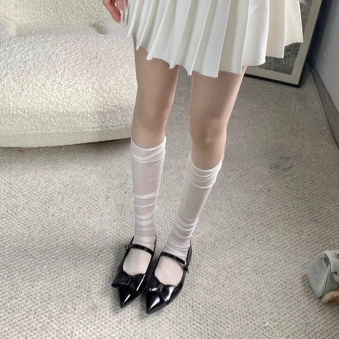 Chaussettes en soie transparentes Ultra-fines, Costume de Cosplay, accessoires d'uniforme JK pour femmes, bas en maille et dentelle à pois, bonneterie Sexy en Nylon