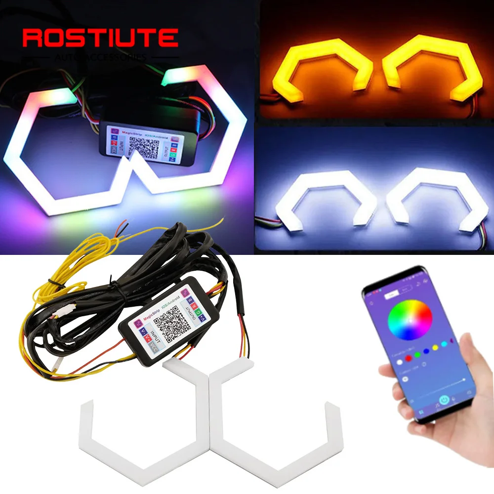 

2PCS Car RGB Hexagon LED Angel Eyes with Turn Signal Colorful RGB Halo Rings Led Headlight Projector APP Control for Motorcycle