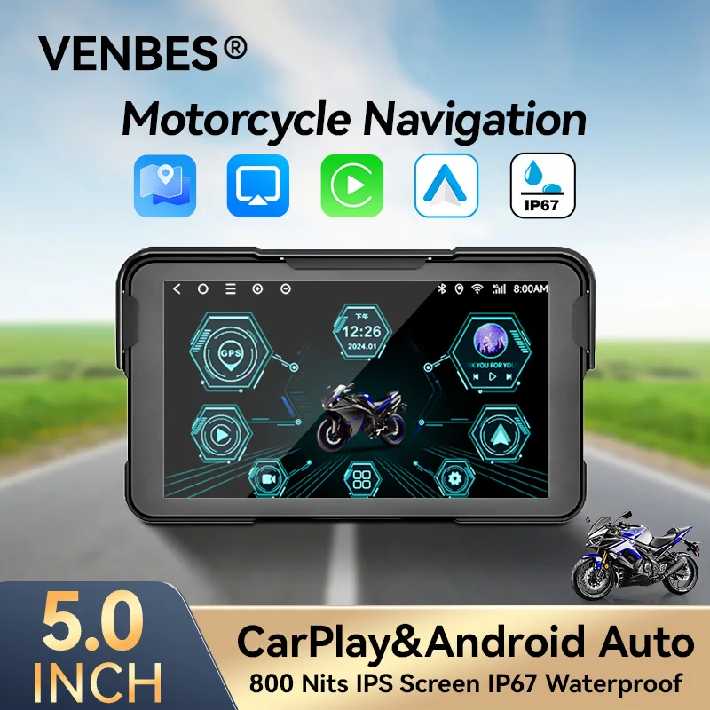 

VENBES 5-дюймовый мотоциклетный карплей-навигатор Android Auto IPS-экран IP67 Простота установки Универсальный