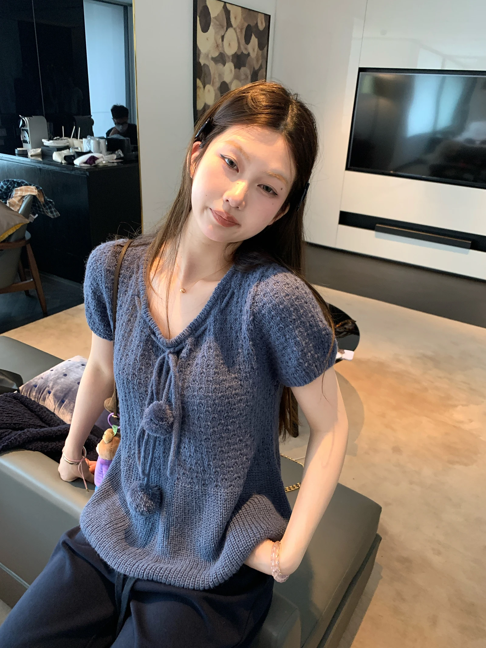 

Мягкий хлопковый вязаный свитер с коротким рукавом и бантом, ажурный дизайн, корейский свободный крой, повседневная одежда для женщин