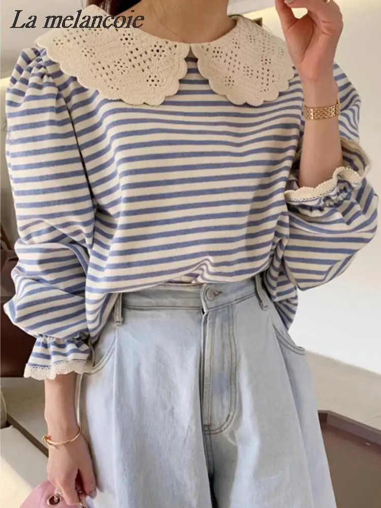 Striped T-shirt For Woman 2024 Spring New Fashion Lace Doll Collar Long Sleeve Loose Tee Shirt Female Vintage Casual Tshirt Top