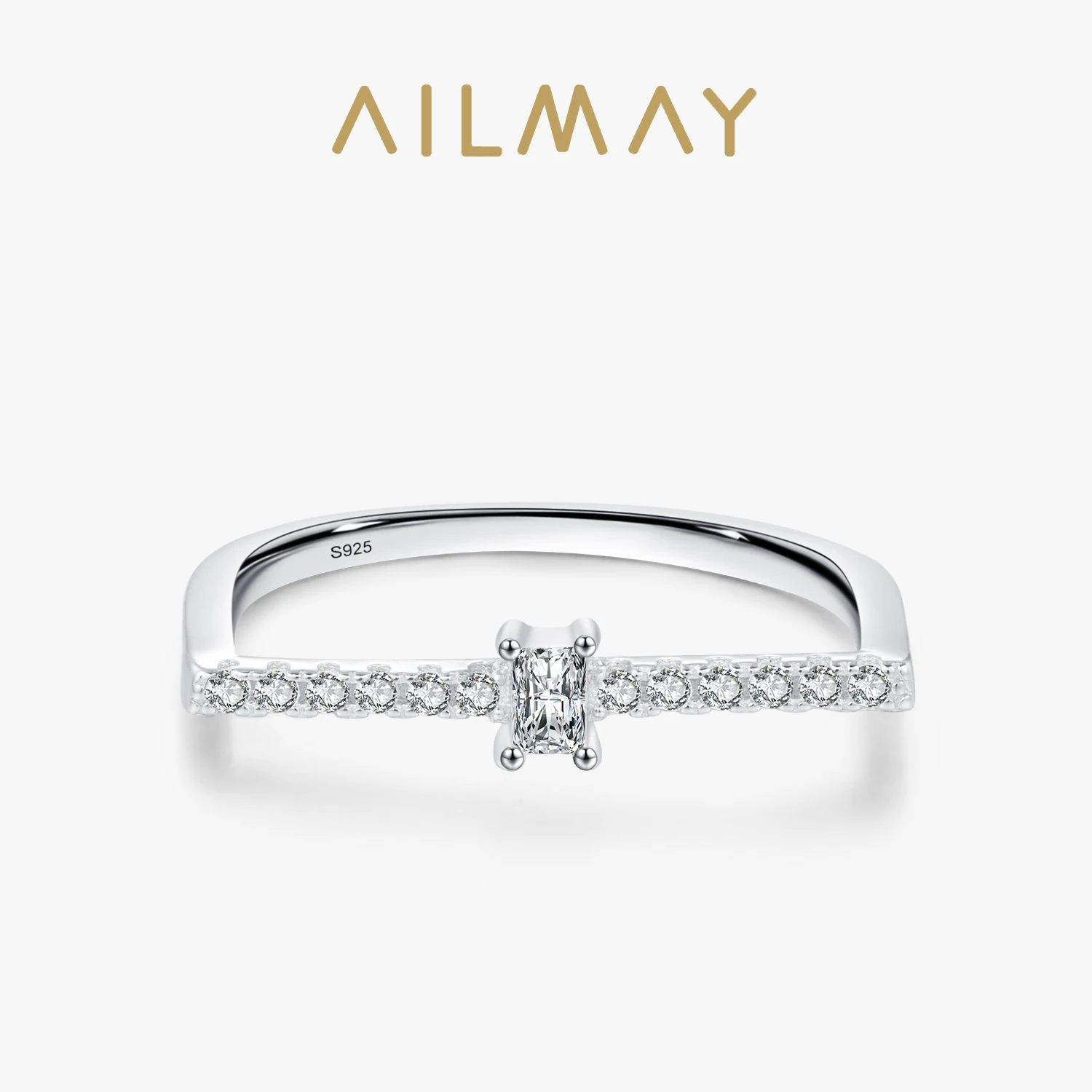 Ailmay 925 Sterling Silver Charm Shiny Rectangle Clear Zircon Finger Rings For Women Luxury Wedding Engagement Fine Jewelry Gift