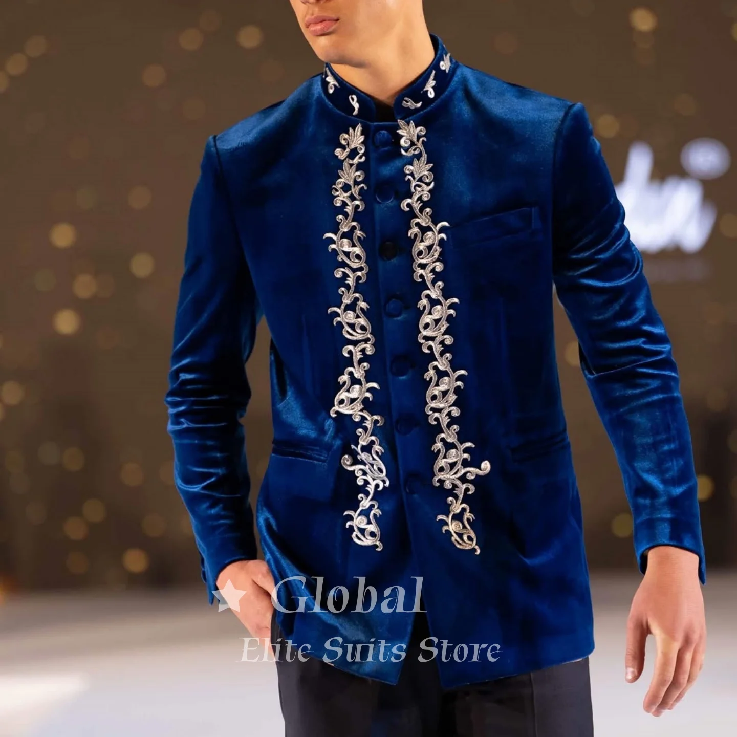 Luxury Mens Royal Blue Velvet 2 Piece Suit Silver Embroidered Sherwani Jacket Pants Mandarin Collar Prom Wedding Customized