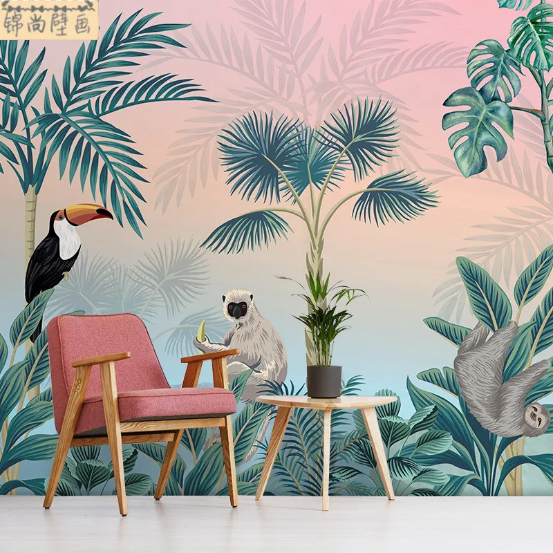 منتجات مخصصة ثلاثية الأبعاد جنوب شرق آسيا ورق حائط على شكل أوراق الموز حيوان حائط الخلفية غابة المطيرة الاستوائية النباتات الخضراء فندق جدارية