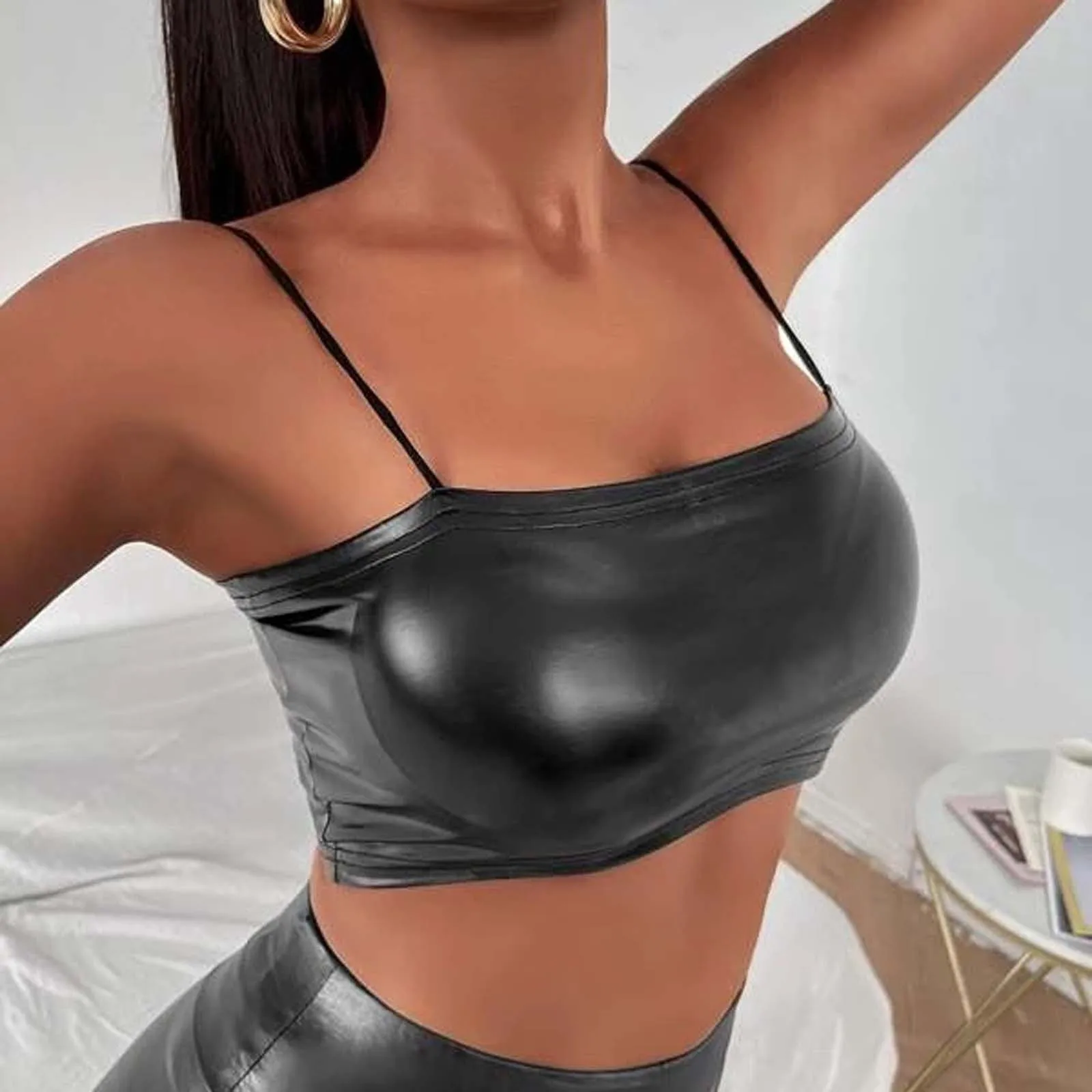 Women Sexy Black Latex Leather Crop Top Spaghetti Strap Sexy Tank Tops Ladies Vest Summer Backless Y2k Vest Tops Clubwear