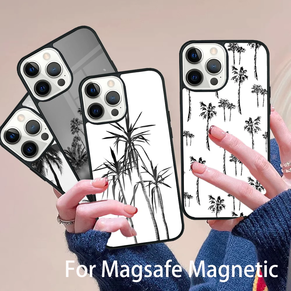 

Black White Tropical Palm Trees Phone Case Magesafe Magnetic Wireless Charge Cover For IPhone 16 11 12 13 14 15 Pro Max Plus
