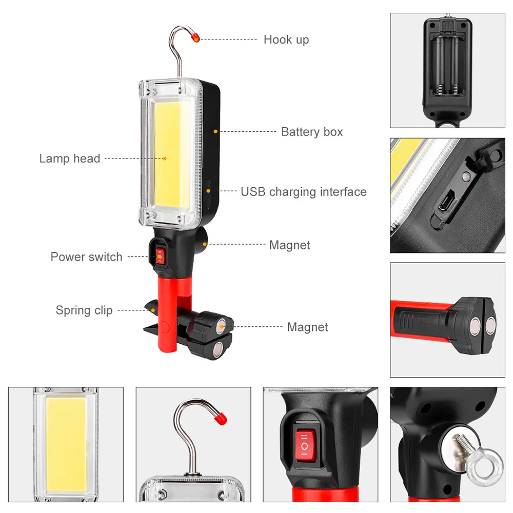 Imagem -02 - Usb Recarregável Cob Trabalho Luz Portátil Lanterna Led Impermeável Ajustável Ímã Gancho Clip Camping Lanterna 18650