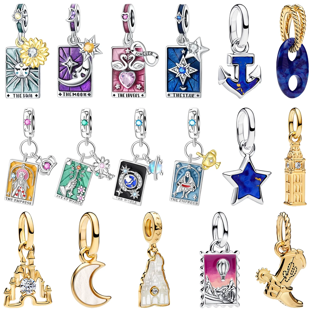 Colgante de Plata de Ley 925 con baño de plata, diseño de Tarot Místico, Luna, Estrella, Ancla, Fantasía, pavé, para llavero, pulsera DIY y joyería fina