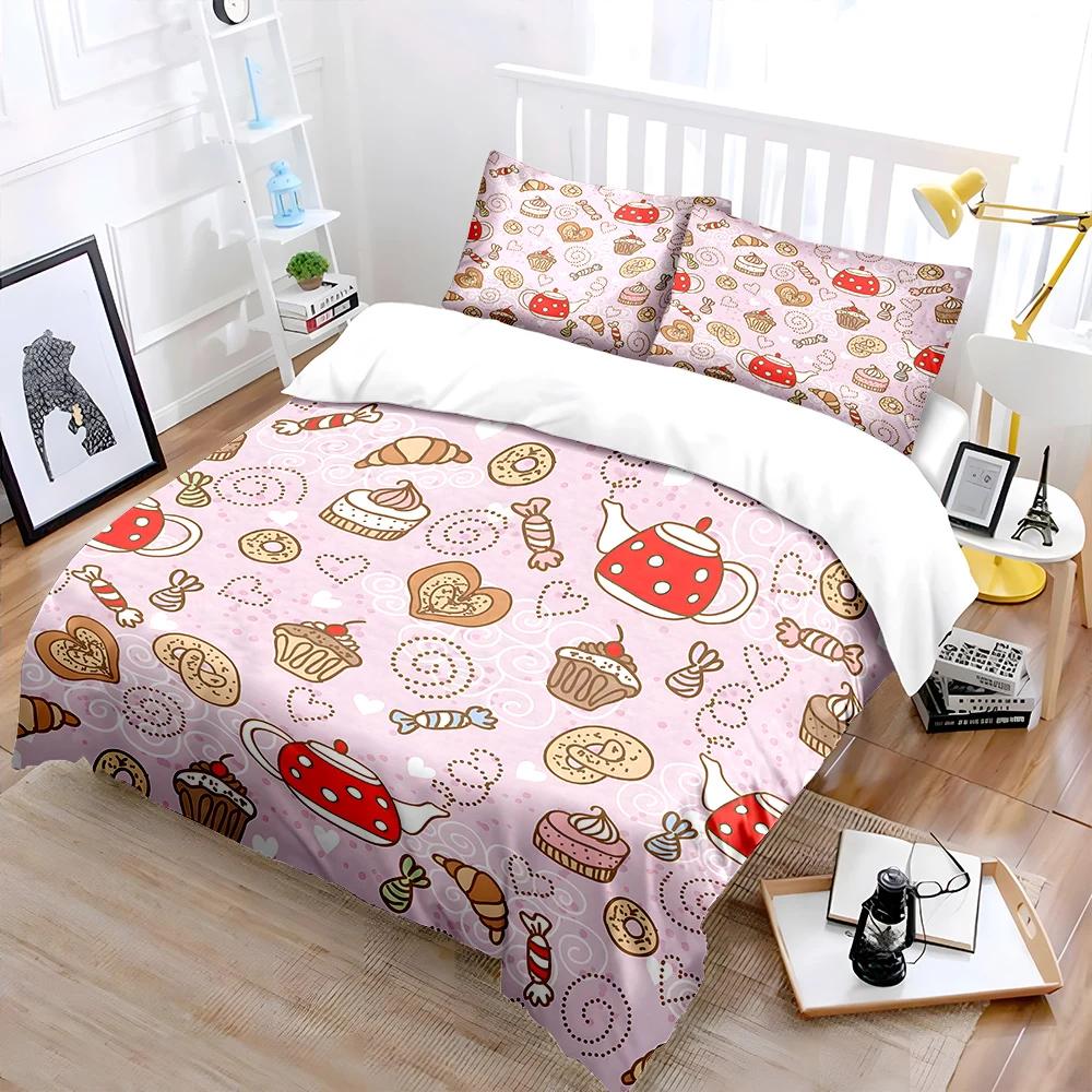 Cartoon sweet treats teapot background Bedding Set for Kids Luxury Gift 3pcs Digital Print Comforter Set Soft Comfortable