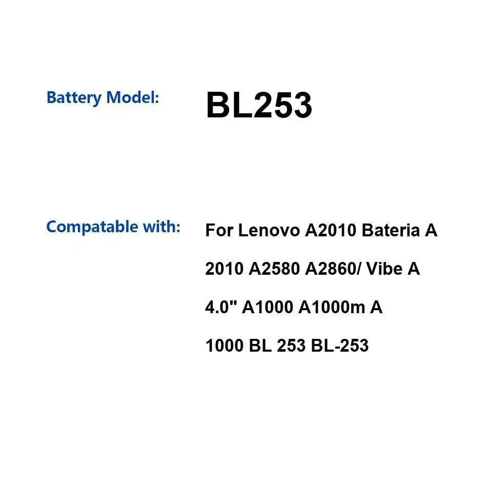 

Прочный аккумулятор для мобильного телефона Lenovo A2010 A2580 A2860 Vibe A 4,0 дюйма A1000 A1000m BL253 2050 мАч
