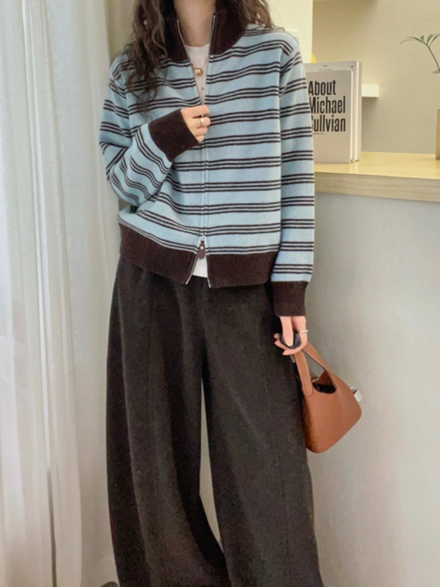 

Зимний модный цветной полосатый камуфляжный вязаный открытый кардиган Long Sve на молнии, женская верхняя одежда Ele