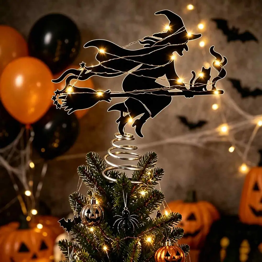 Halloween Party Supplies Halloween Witch Tree Topper with Led Lights Black Iron Art Silhouette Ornament Holiday for Christmas