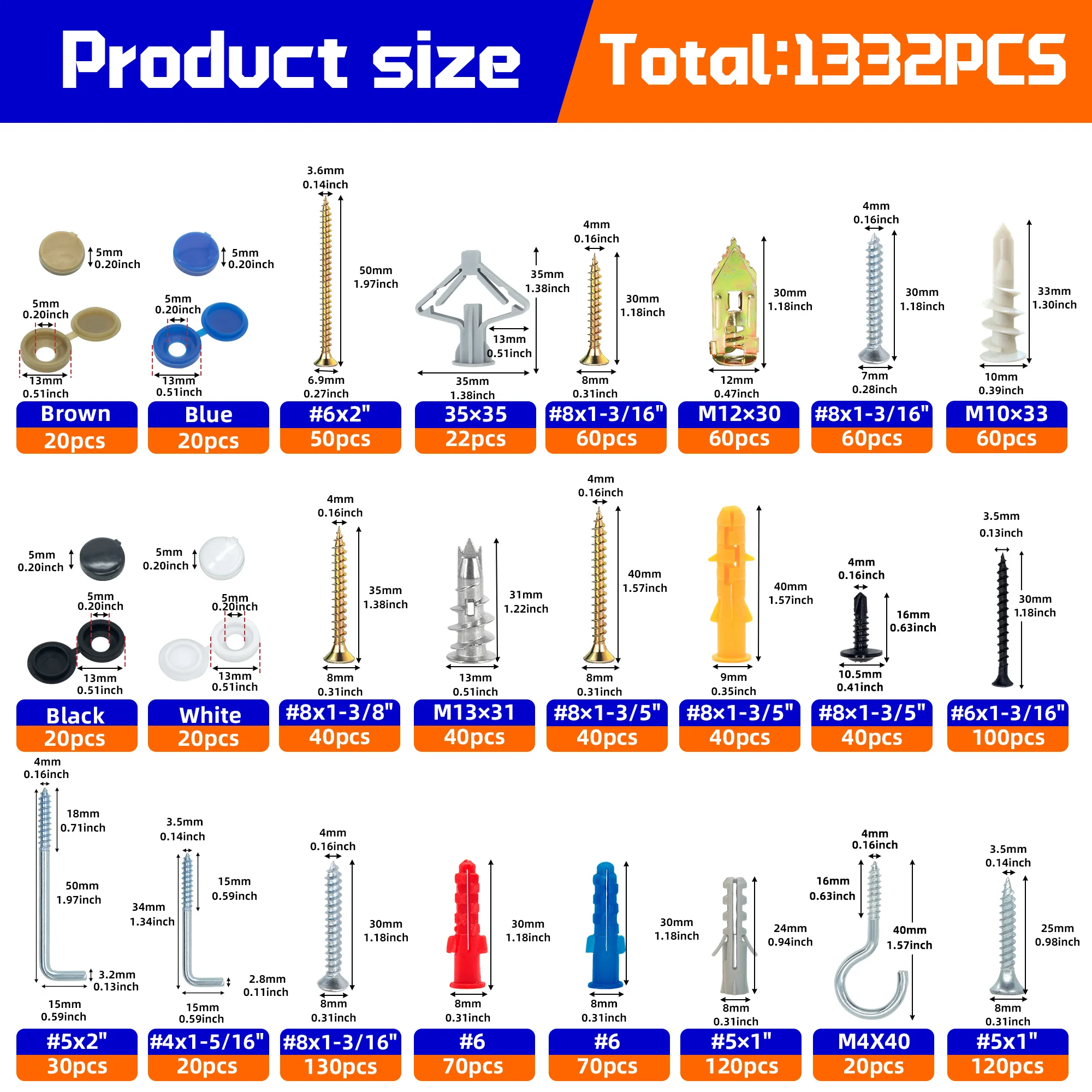 1332Pcs Drywall Anchors and Screws Assortment Kit, Wall Plugs, Toggle Bolts, Washers & Hardware Fastener Set with Storage Box