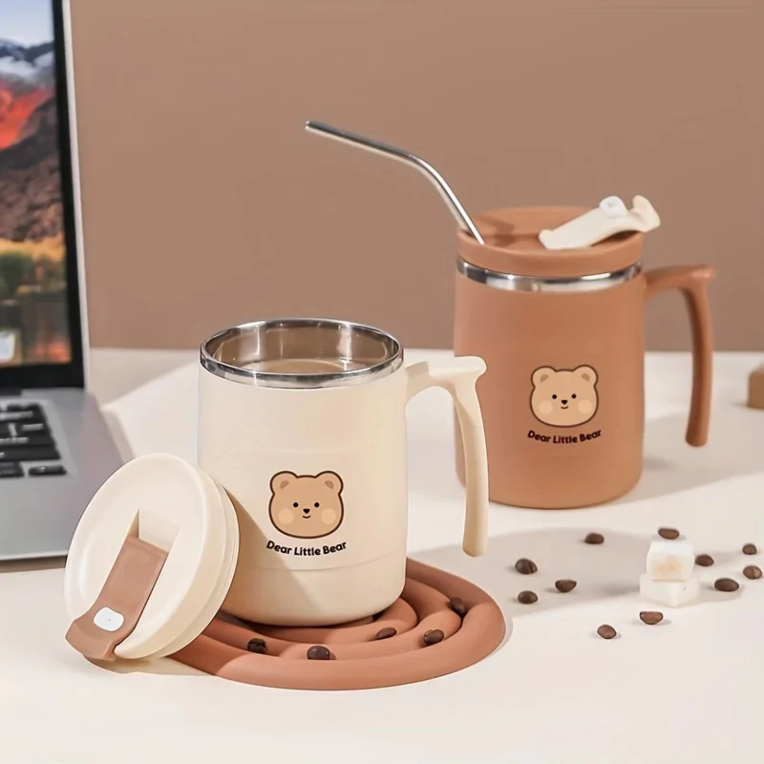 

Adorable 500ml/17oz Double Insulated Stainless Steel Travel Coffee Cup with Stainless Steel Straw and Lid - Cute Bear Design - 1