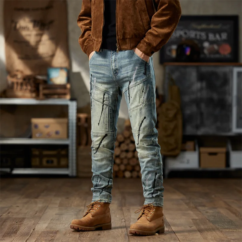 

83651retro fashion brand motorcycle jeans for men. Trendy stitching ink-splashed fashionable figure-flattering feet pants