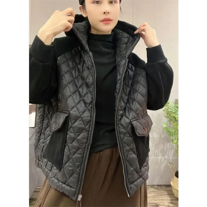 European Station Loose Hooded Spliced Down Cotton Coat Thick Coat 2023 Winter New Women Casual Fashion Warm Cardigan Cotton Coat