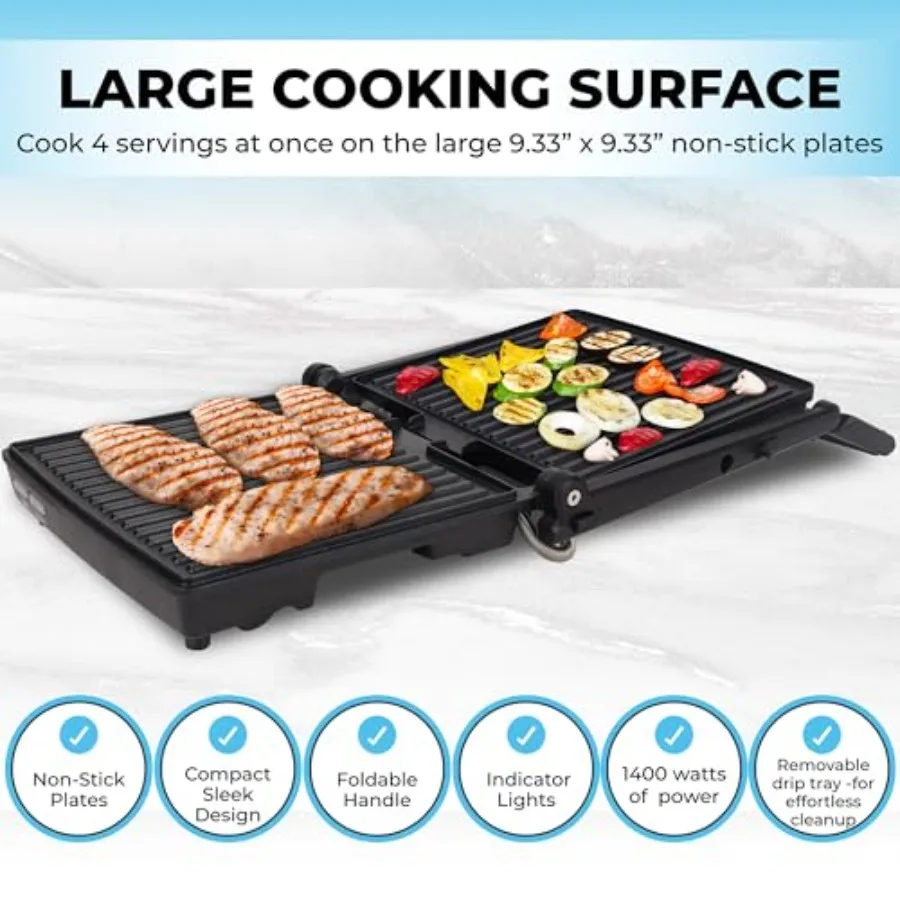 초슬림 디자인 파니니 프레스, 접이식 손잡이로 컴팩트한 보관 가능, 4인용 그릴, 논스틱 플레이트, 180도 개방형 테이블