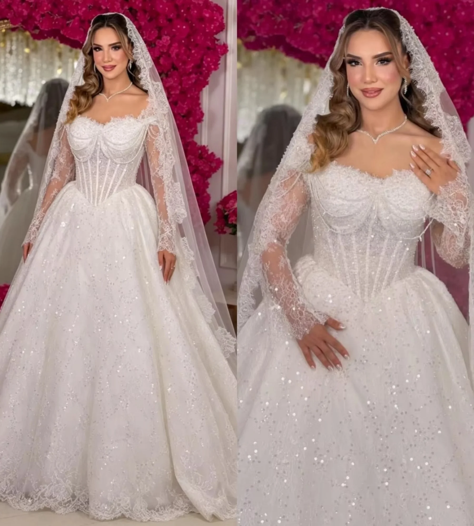 Customized Off Shoulder Long Sleeve Lace Ball Dress Tight corset Shining Sweep Train White Princess Wedding Dress