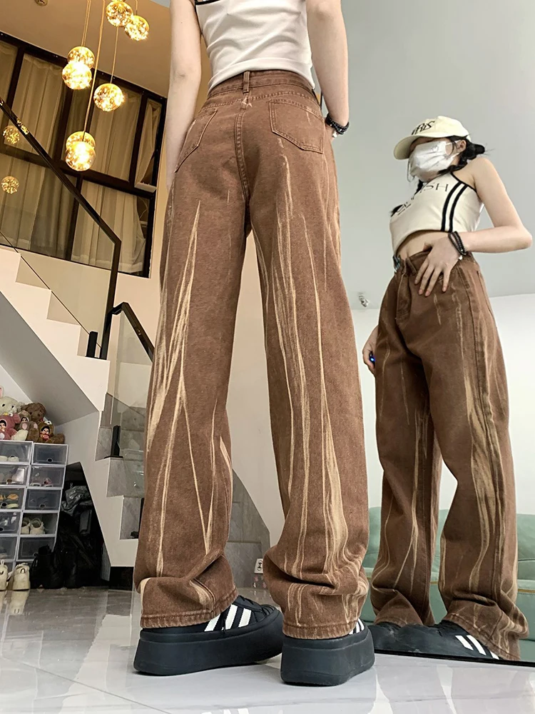 Zoki Tie Dye Retro Brown Jeans Women High Waist Streetwear Y2K Denim Pants American Loose Casual Lady Vintage Harajuku Trousers