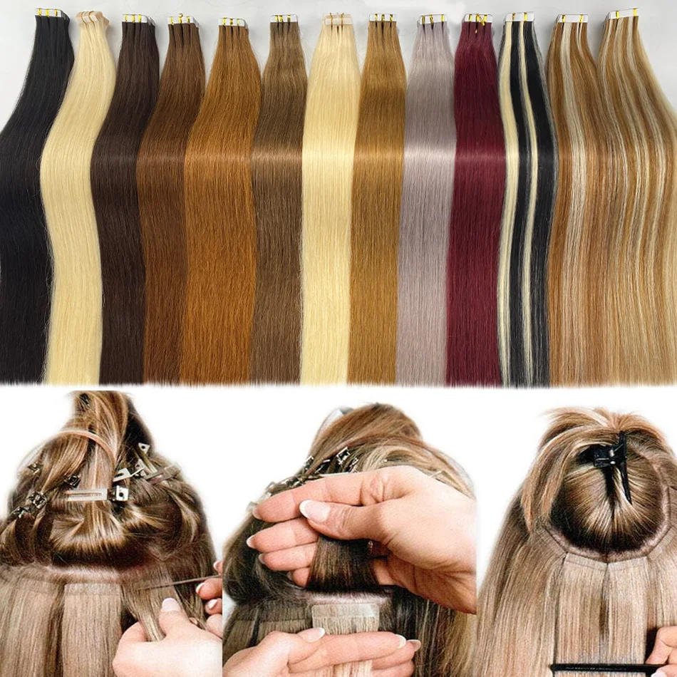 Straight Tape In Hair Extensions 100% Human Hair Skin PU Weft Tape in Hair Extensions Adhesive All Color Real Mega Hair 28 Inch