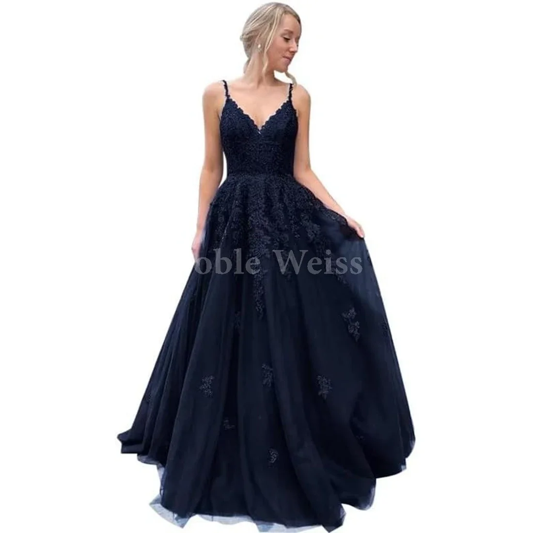 

Tulle Prom Dress Long V Neck Appliques Spaghetti Straps Evening Dress A Line Formal Ball Gowns for Women Customized