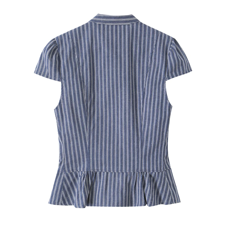 French Elegant Cap Sleeve Striped Top Blue White Vertical Stripe Double Breasted Peplum Slim Summer Party Casual Blouse