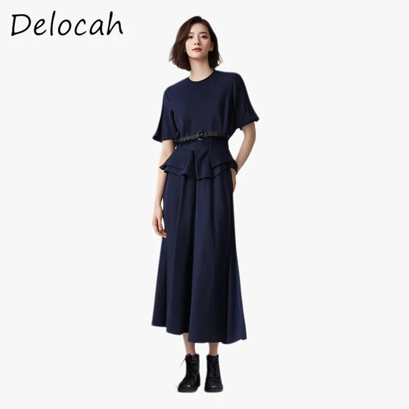 

Delocah модный дизайн женский пояс с круглым вырезом облегающий крой большие качели однотонное длинное платье с короткими рукавами темпераментные поездки на работу