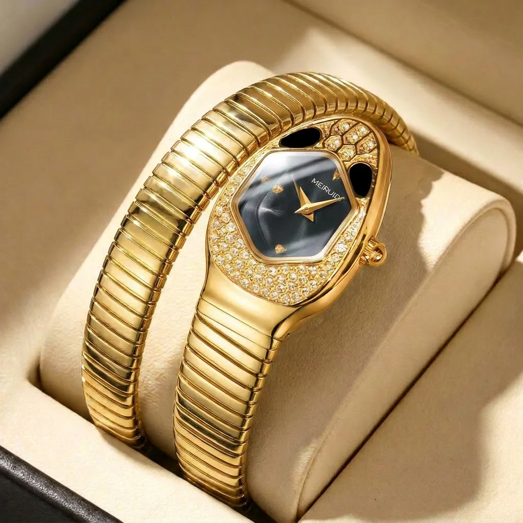 

A high-end trendy and personalized quartz watch with a golden snake shaped strap for women as a high-end gift