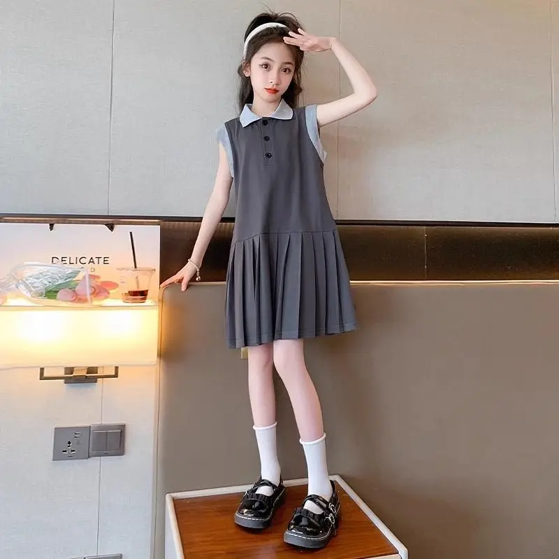 

3-13Years Toddler Kids Shirt Dresses for Girls Sleeveless Plated Dress Teenager Girls Tank Turn Down Collar Dress Clothing 8 9 7