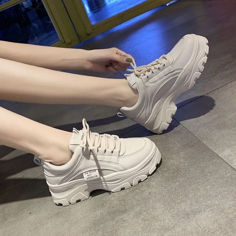 Fashion White Split Leather Women Chunky Sneakers White Shoes Lace Up Tenis Feminino Zapatos De Mujer Platform Women Casual Shoe