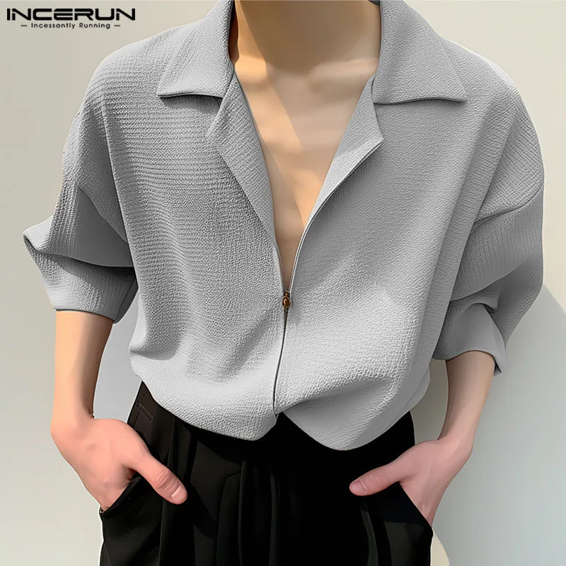 Fashion Casual Style Tops INCERUN New Men\'s Zipper Design Blouse Streetwear Male Solid Simple V-neck Short Sleeved Shirts S-5XL