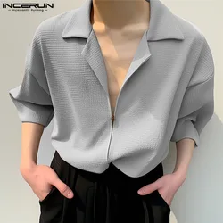 Fashion Casual Style Tops INCERUN New Men's Zipper Design Blouse Streetwear Male Solid Simple V-neck Short Sleeved Shirts S-5XL