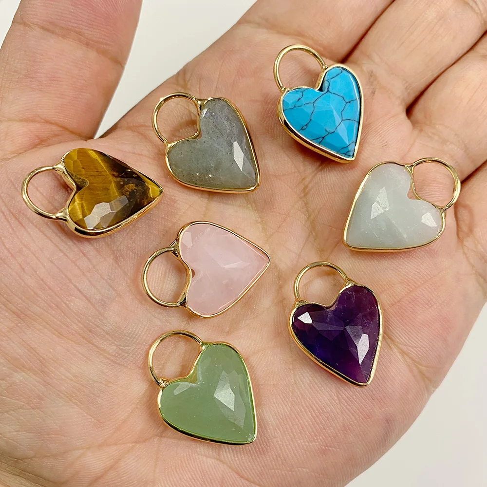 2pcs 18x25MM Labradorite Amethysts Quartz Crystal Stone Heart Lock Pendants for Earring Necklace Bracelet Earring Jewelry Making